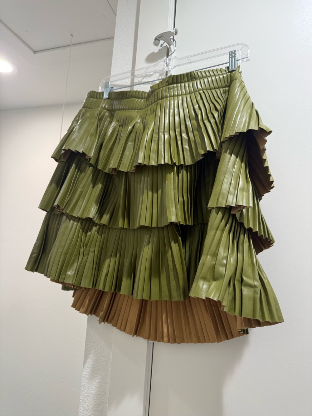 Anthropologie Olive Green Tiered Pleated Vegan Leather Mini Skirt